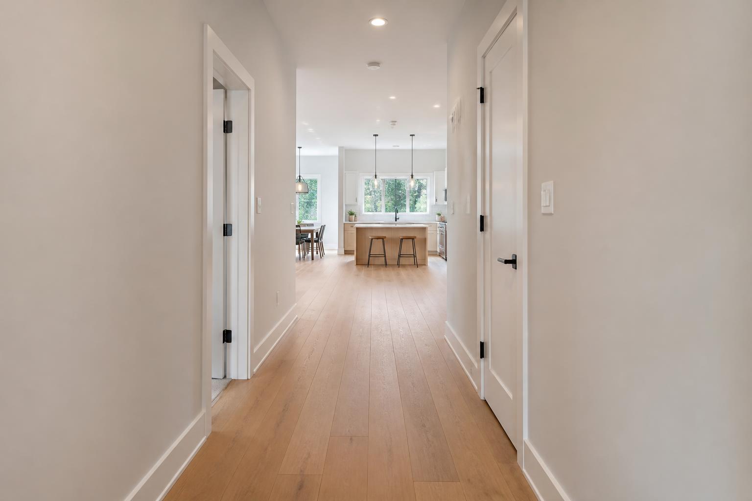 Wide-angle hallway view leading toward a bright modern kitchen in a listing video still