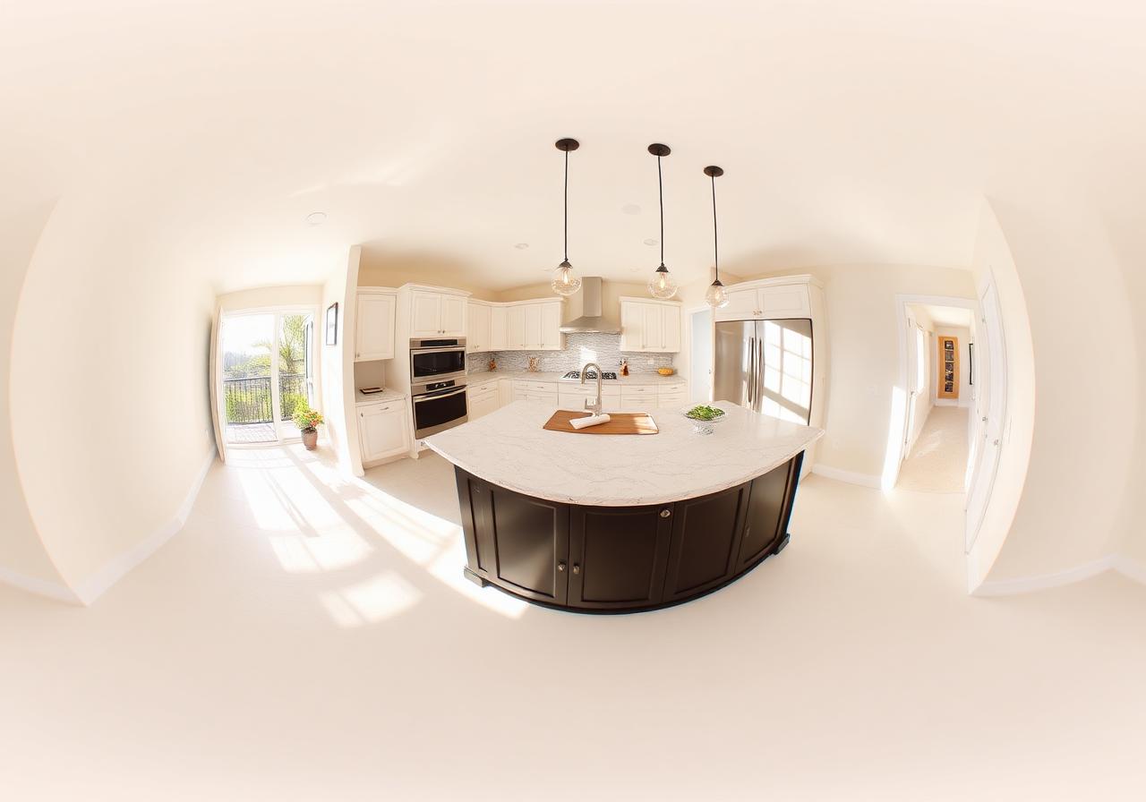 360° virtual tour view of a modern living room with large windows