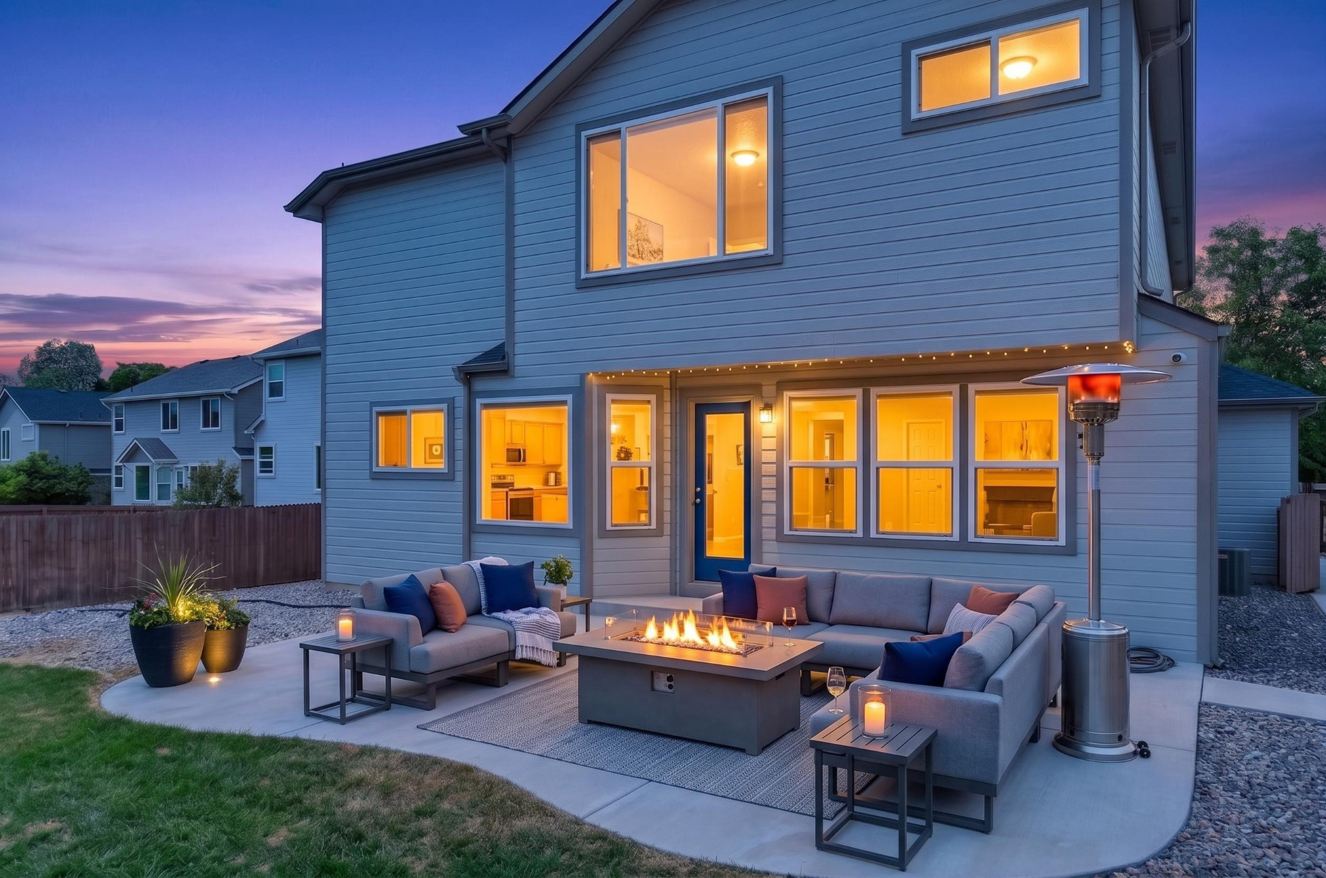 Virtually staged twilight patio with fire pit and sectional sofa behind a modern home